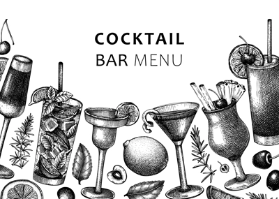 Alcoholic cocktails background. Glass of margarita, mojito, Pina colada, cosmopolitan, tequila sunrise design. Hand-sketched cocktails drawings. Isolated black and white vector drinks illustration